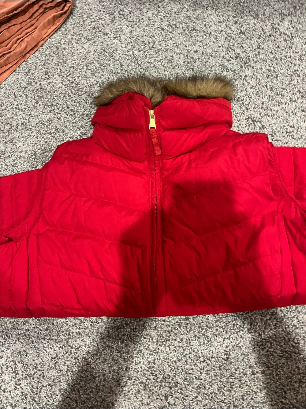 Talbots Bright Red Puffer Coat with Faux-Fur Trim Hood